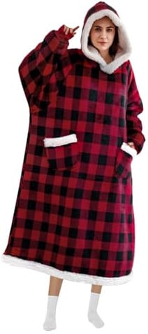 FEELJAM Decke mit Ärmeln und Kapuze Hoodie Decke Erwachsene Ärmeldecke Weich Warm Kuscheldecke mit Ärmeln (Rot schwarz, 150 lang)