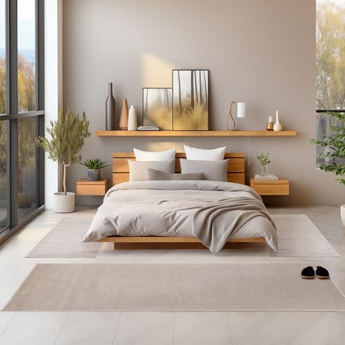 SIMPEX Alfombra de cama para dormitorio, pasillo, borde de cama, alfombra de cocina, pelo corto, juego de 3 piezas, diseño monocolor, suave, color: crema, juego de corredores