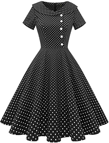 Wedtrend Robe Pin Up Rockabilly Annee 50 Robe Plissé Audrey Hepburn avec Manches Courtes WTP20007 BlackSmallWhiteDot M