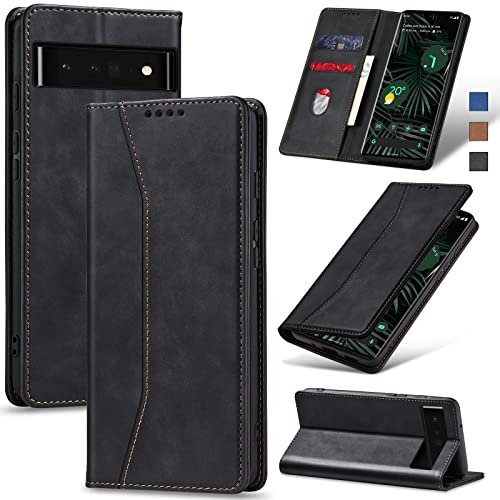 Jasonyu Handyhülle für Google Pixel 6 Pro Hülle Leder Flip Klappbare Stoßfeste Magnetische Premium PU Leder Standfunktion Kartenfächern Schutzhülle Klapphülle für Google Pixel 6 Pro,Schwarz