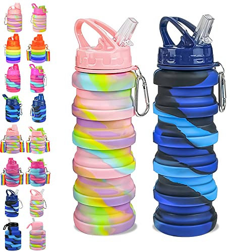 WATMHHJQ [2St- Trinkflasche 500ml Silikon-Faltbare, BPA-frei, Auslaufsicher, Tragbare Sportflasche für Fitness, Reisen, Radfahren, Camping, Wandern(Rosa+Blau)