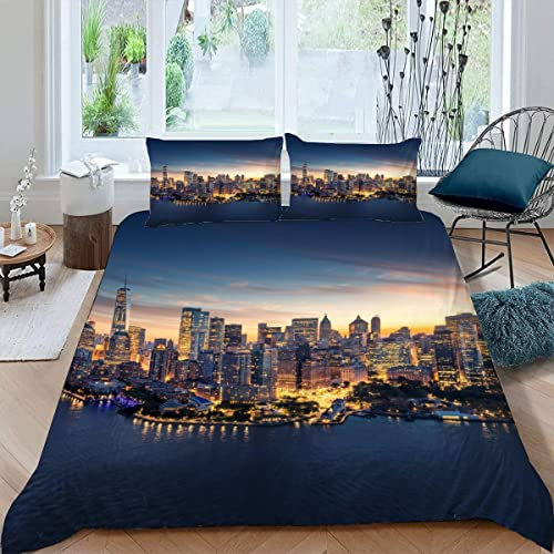 Skyline Von New York Bettwäsche 135×200 Weiche Mikrofaser 3d Druck Stadt-Landschaft Bettbezug mit Reißverschluss Für Kinder Zimmer Dekor Winter Herbst 3 Teilig Bettwäsche Set mit 2 Kissenbezüge 80×80