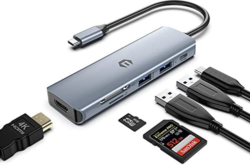 Hub USB C 6 en 1 - Adaptador HDMI, 100W PD, 2 USB 3.0, Lector de Tarjetas SD/TF - Compatible Con MacBook Pro/Air, Surface Pro 8 y Otros Dispositivos Tipo C