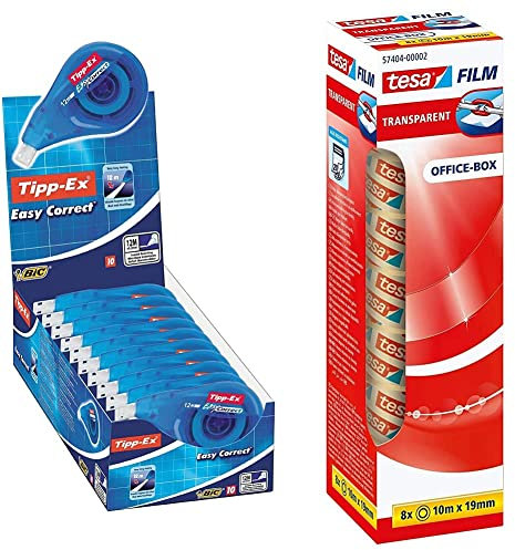 Tipp-Ex Korrekturroller Easy Correct zum seitlichen Korrigieren, 12m x 4.2mm, 10er Pack & tesafilm transparent - Transparentes Klebeband mit starker Haftung 10 m x 19 mm - 8er Pack