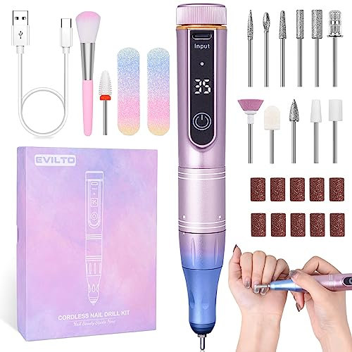 EVILTO Electric Nail Files Cordless, Professional Nail Drill LCD Display with 12 Bits 35 Speed 35000RPM Rechargeable Manicure Pedicure EFile for Gel Nail Polish Acrylic Nails Thick Toenails Removal