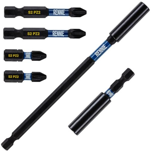 6 Piece Rennie Tool Magnetic 60mm and 152mm Professional Impact Bit Holders with 2 x 25mm Pozidriv PZ2 Screwdriver Impact Bit & 2 x 50mm Pozidriv PZ2 Screwdriver Impact Bit Heavy Duty