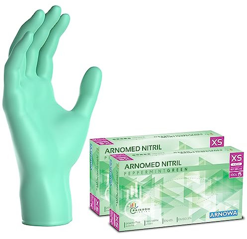 ARNOMED Guantes nitrilo talla XS, verde, guantes de nitrilo, 200 unidades (2 cajas), guantes nitrilo desechables sin polvo, guantes de goma sin látex, guantes nitrilo en tallas XS, S, M, L y XL