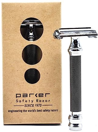 Parker Safety Razor 76R Rasierhobel für Herren, Graphitgrau, langer Griff, Schmetterling, offen, zweischneidig, Rasierhobel