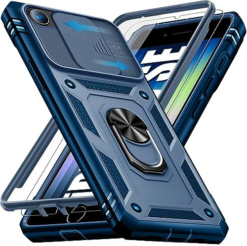 Giyer für iPhone SE 2022/2020 8 7 Hülle mit Schutzfolie, Handyhülle für iPhone 8 mit Kameraschutz 360° Metall Ring Ständer Stoßfest Bumper Schutzhülle für iPhone SE Case Cover Tache (Blau)