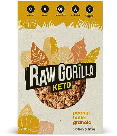 Raw Gorilla Keto Peanut Butter Granola 1 Pack of 250g | Low Sugar, Vegan, No Added Sugar, Low Carb 4g Net Carbs, Plant Based Breakfast Cereal with Activated Nuts, Grain & Gluten Free