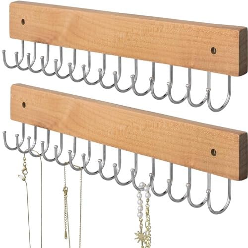 SCUNDA Wandmontierter Halskettenhalter, Bauernhaus-Stil, kein Verheddern, Schmuck-Organizer mit 28 Haken (2 Packungen, natürlich)