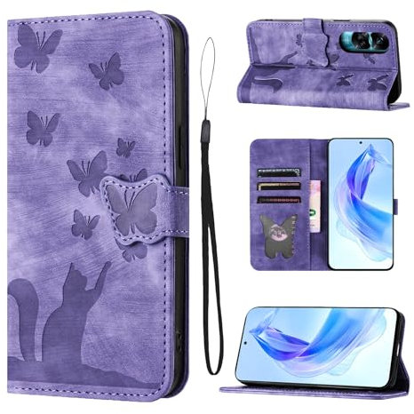 LSPCASA Étui pour Honor 90 Lite 5G 6.7 Matériau en Cuir PU Coque Honor 90 Lite avec Fentes pour Cartes Housse Protection Motif Papillon Chat Coque Honor 90 Lite 5G Violet