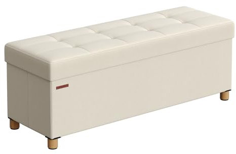 SONGMICS Cassapanca, Pouf Contenitore, Poggiapiedi Pieghevole 38 x 110 x 40 cm, Ottomano con Gambe in Legno, Regge fino a 300 kg, per Soggiorno, Camera da Letto, Dormitorio, Bianco Crema LSF018W11