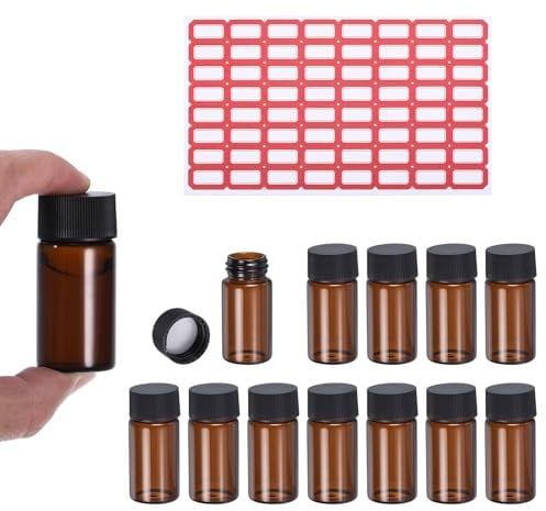 PATIKIL 20ml Amber Glass Vials, 12 Pack Sample Vials with Screw Cap and Write-on Spot Reagent Media Bottle with Labels Leak-Proof Liquid Vial for Lab