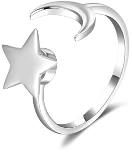 SILBERTALE Drehring Zappelphilipp Ringe Offen Verstellbarer Ring Mond und Stern Ring Mondstein Sonne Ring für Frauen