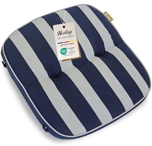 Herlag Hockerauflage Tilly 55x50x7cm | Hockerkissen Streifen-Motiv 7cm | Polster Gartenhocker | Gartenmöbelauflage Hocker Deluxe-Serie | Atmungsaktiv | Öko Tex 100 | Blau-Gestreift