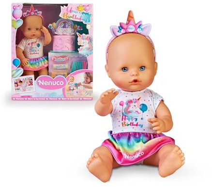 NENUCO Babypuppe mit Einhorn-Zubehör für Geburtstagsfeiern, inkl. personalisierbarer Torte mit Knetmasse, Kerzen, Zeichnungen und Aufklebern, für Kinder ab 3 Jahren, Famosa (NFN77000)