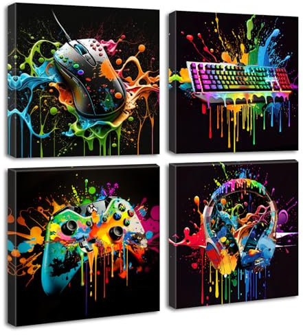 Gamer Room Decor for Boys - Game Wall Art Graffiti Gamepad Earphone Canvas Print Pictures Cool Video Gaming Poster Street Pop Men Cave Teen Bedroom Dorm Playroom Home Artwork Framed 12X12X4 Panels