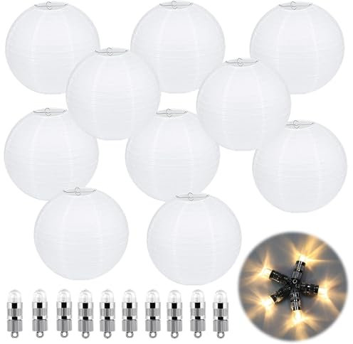Funmo 10er Weiß Papier Lampions,Papierlaterne mit 10 Stück Weiß Mini LED-Ballons Lichter Papier Latern rund Lampenschirm für Hochzeit Party Geburtstage Dekoration Hochzeitsdeko