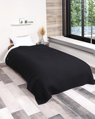 nottoc Doppelte Tagesdecke Schwarz 220x240cm - Premium Waffelpique 100% Baumwolle - Leichte Sommerdecke in Waffeloptik - Baumwolldecke als Bettüberwurf, Sofaüberwurf, Couch überwurf - Sofadecke