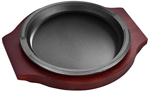 YISHUOYZBS Cast Iron Sizzler Plate Round Serving Pan, Platter with Wooden Base for Serving Hot Sizzling Dishes-22cm