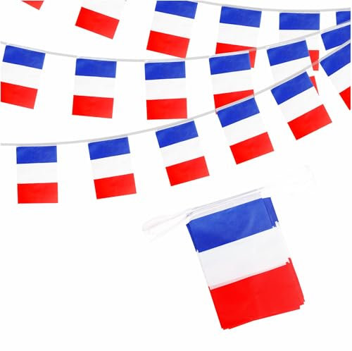Guirlande de fanions français Oly 2024 - 10 m - 30 drapeaux français - Pour événements sportifs et football - Décorations de fête nationale