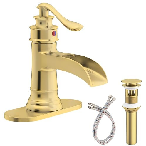 Homevacious Brushed Gold Bathroom Faucet Brass Sink Vanity Basin Single Handle with Pop up Drain Assembly Waterfall Rose Mixer Tap One Hole Lever with Overflow Deck Mount Commercial Lead-Free