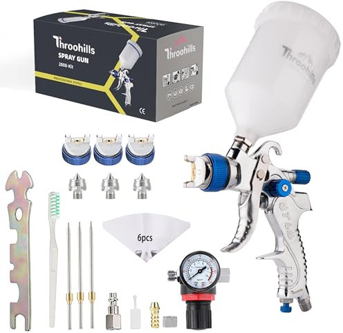 Throohills Pistola a spruzzo HVLP professionale, ugello da 1,3/1,5/1,8 mm, HVLP, ad alto flusso di atomizzazione, pistola a spruzzo pneumatica regolabile con tazza in alluminio da 1000 cc e manometro