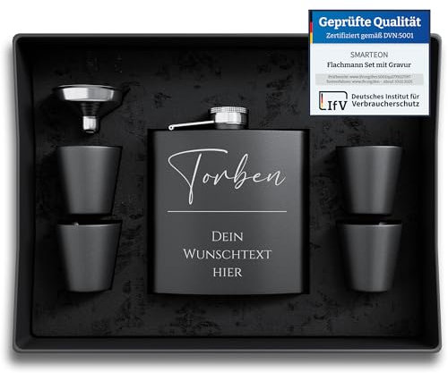 Flachmann Set Mit Gravur - Personalisiert Mit Namen - Geschenkidee Für Hochzeit Und Männer - Edelstahl Flachmann - Trauzeuge Geschenk (Design 3)