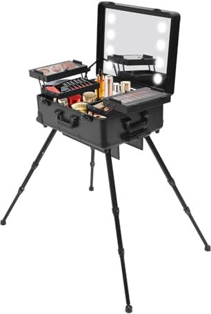 MINRS Kosmetikkoffer Trolley, Schminkstation Trolley Make Up Koffer mit Spiegel und Licht Friseurkoffer mit Rollen Einstellbare Höhe und Helligkeit Abschließbar für Reise, Friseure, Visagisten Schwarz