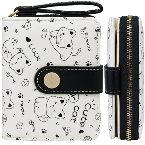Farcauo Portemonnaie Damen Geldbeutel Frauen Geldbörsen Klein Damen Portemonnaie Mini Geldbörse Schwarz Katze Klein Portmonee für Frauen mit Ausweisfach und Kartenhüllen