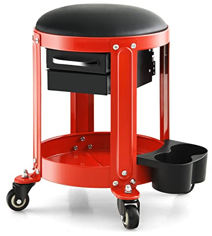 HOMFME Pneumatic Rolling Mechanic Stool, Workshop Creeper Seat Roller Toolbox with Removable Padded Seat, 2 Drawers, Tool Tray and Twin Can Holders, 150kg Capacity Garage Padded Chair Work Seat
