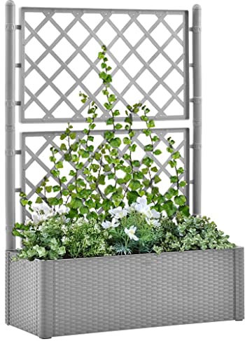 Myheimly Garten-Hochbeet mit Spalier und Selbstbewässerungssystem Rattan-Design Gartenspalier Blumenkübel Pflanzkasten Rankgitter Rankhilfe Grau