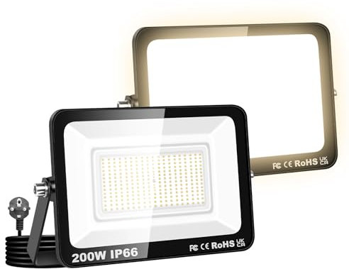 Willpower 2PCS Faretto LED Esterno 200W 20000LM, Faro LED con Spina Proiettore LED 3000K Bianco Caldo IP66 per Garage Giardino Cortile Patio Piazza Officina