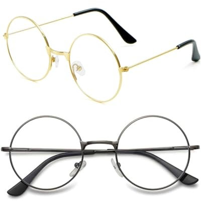 Runde Brille,2paar Metall Frame Runde Brille Retro Metallrahmen Runde Brille Brillengestell Dekorative Flachglasbrille,brille rund ohne stärke,für Mann Frau Ankleiden,Retro,klare Gläser,für Cosplay