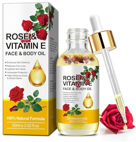 Rosenöl Gesicht Bio Vitamin E Öl, Rosen Gesichtsöl Gegen Falten, Dunkle Flecken, Narben, Trockene Haut, Massage Körperöl für Gua Sha - Gesicht und Körper Befeuchten und Nähren