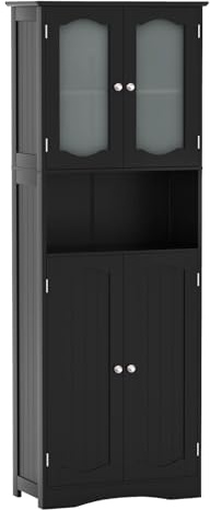 GOPLUS Armario de Baño Alto de 164 CM, Gabinete de Almacenamiento Independiente con Puertas de Vidrio Templado y Estantes Ajustables, Organizador de Almacenamiento Estrecho para Cocina (Negro)