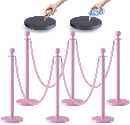 kaiyomi 6Pcs Stanchions with Pink Velvet Ropes Set, 5 Feet Velvet Ropes and Posts Poles for Red Carpet Party Decoration and 360° Photo Booth (Pink)