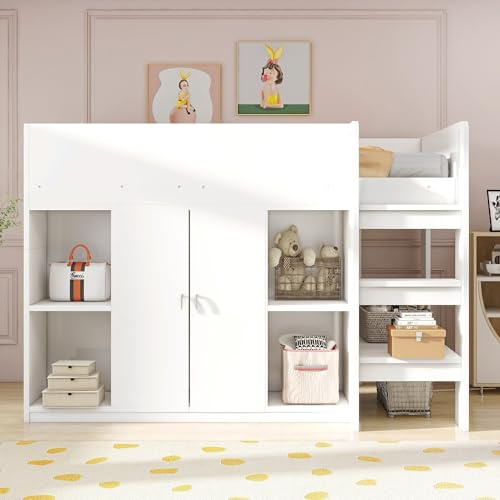 BNUZ Multifunktionales Hochbett,90x200cm,mit Stauraum,Schrank und Regalen – Kinderbett mit Leiter und Stabiler Konstruktion,Weiß