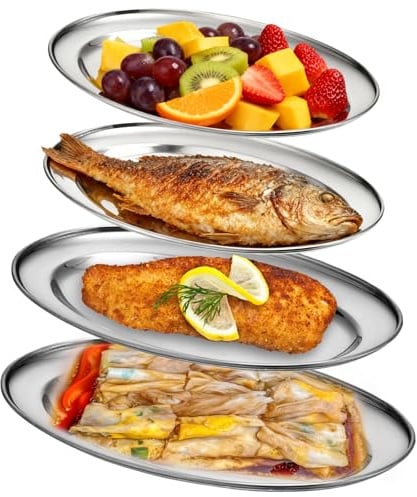 Behogan 4 Stück ovale Edelstahl-Servierplatten, 26CM+30CM+35CM+40CM Silbern Ovale Serviertabletts Servierteller, Edelstahlplatte Stahltablett für Kellnertablett, Wurst, Käse, Party, Schlemmerplatte
