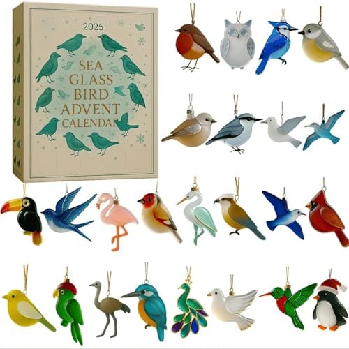 24 Tage Sea Glass Bird Adventskalender 2025, 2D Sea Glass Adventskalender, Seegläser Weihnachtsbaum Ornamente, Küstenvogel Ornamente, Seegläser Vögel Anhänger Adventskalender