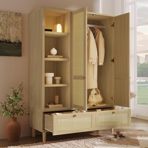 RIAZOS Kleiderschrank mit Stange, Doppeltüriger Design, mit 2 Schubladen, 4 Offene Fächer, Garderobenschrank mit 2 Türen und Rattan‑Flechten, 120x50x180 cm, Eiche