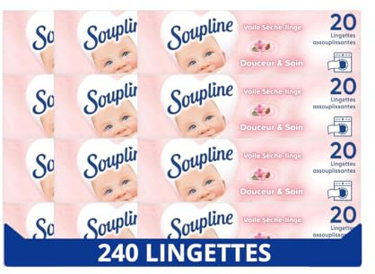SOUPLINE Voile Sèche-Linge Adoucissant Douceur & Soin, Parfume le Linge de Maison, Complément Idéal à Votre Lessive et à Votre Adoucissant Linge, Pour Tous Sèche-Linges, Parfum Durable, 240 Lingettes