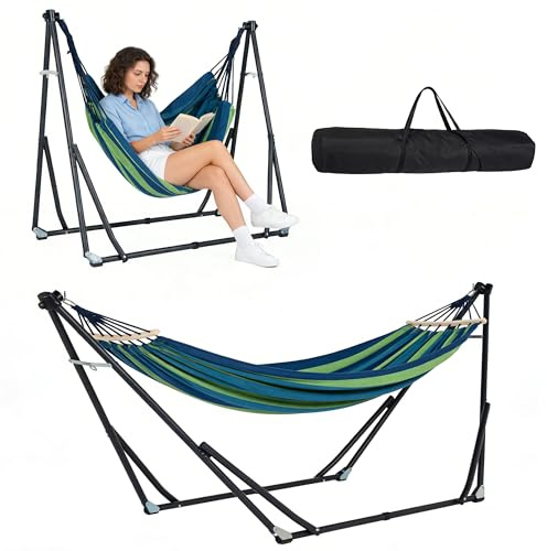AuraCraft Hängematte mit Gestell & extra Hängesessel, 2-in-1 klappbares Set bis 200kg, verstellbare Canvas Hängematte mit Aufbewahrungstasche für Garten Balkon Terrasse Camping (Blaue Streifen)