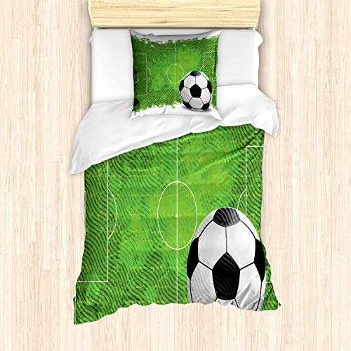 ABAKUHAUS Fußball Bettbezug Set für Einzelbetten, Grunge Fußball-Entwurf, Milbensicher Allergiker geeignet mit Kissenbezug, Grün Schwarz Weiß