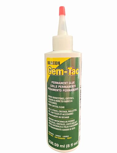 Gem Tac Permanent Glue for Sequins Rhinestones Clear 8oz Beacon - Strong Fabric adhesive for Jeans, Jackets, Rhinestone & Glass- Perfect Art Glue for Embellishing Shoes, Glasses, Gowns & Phones
