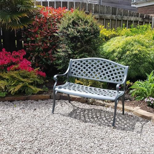 Lazy Susan Jasmine Gartenbank in Schiefergrau | Blaue Kissen | Sandguss-Aluminium | Wetterfest | Rostfrei | 3 Jahre Garantie