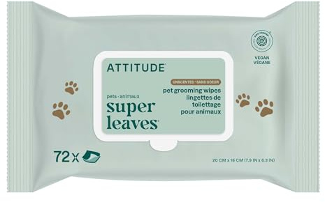 ATTITUDE Pet Grooming Wipes, Plant and Mineral-Based Ingredients, Vegan, Biodegradable Products, Unscented, 72 count