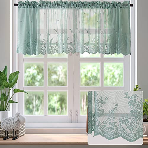SIYINGSAERY Scheibengardine Bistrogardine Halbtransparent Küchengardine mit Spitzendruck Kurzgardinen Stangendurchzug Vorhänge Küche Kurz 130 cm Breit Fenster Gardinen für Küche Wohnzimmer(Grün)