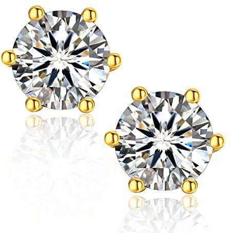 MomentWish Moissanite Ohrstecker Gold 585, 2 Karat/6,5 mm Goldene Ohrringe Damen mit Stein Hypoallergene Echt Silber Geschenk für Frauen Mama-6 Prong